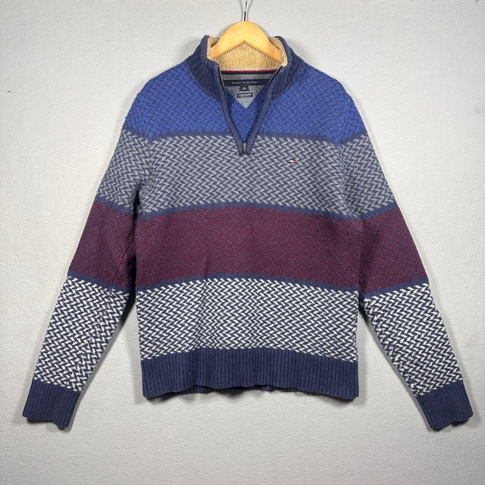 Tommy Hilfiger Mens Luxury Blend Quarter Zip Sweater Chevron Stripe Large